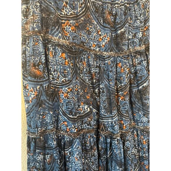 Free People Boho Cottage Core Blue Printed Tiered Linen Blend Maxi Skirt Small - Picture 12 of 16